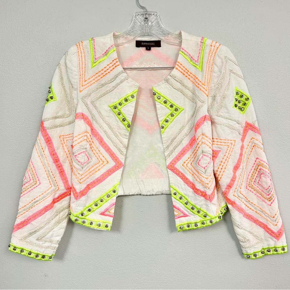 RANNA GILL 🏵️ Cropped Embroidered Neon Mini Jacket - Size S